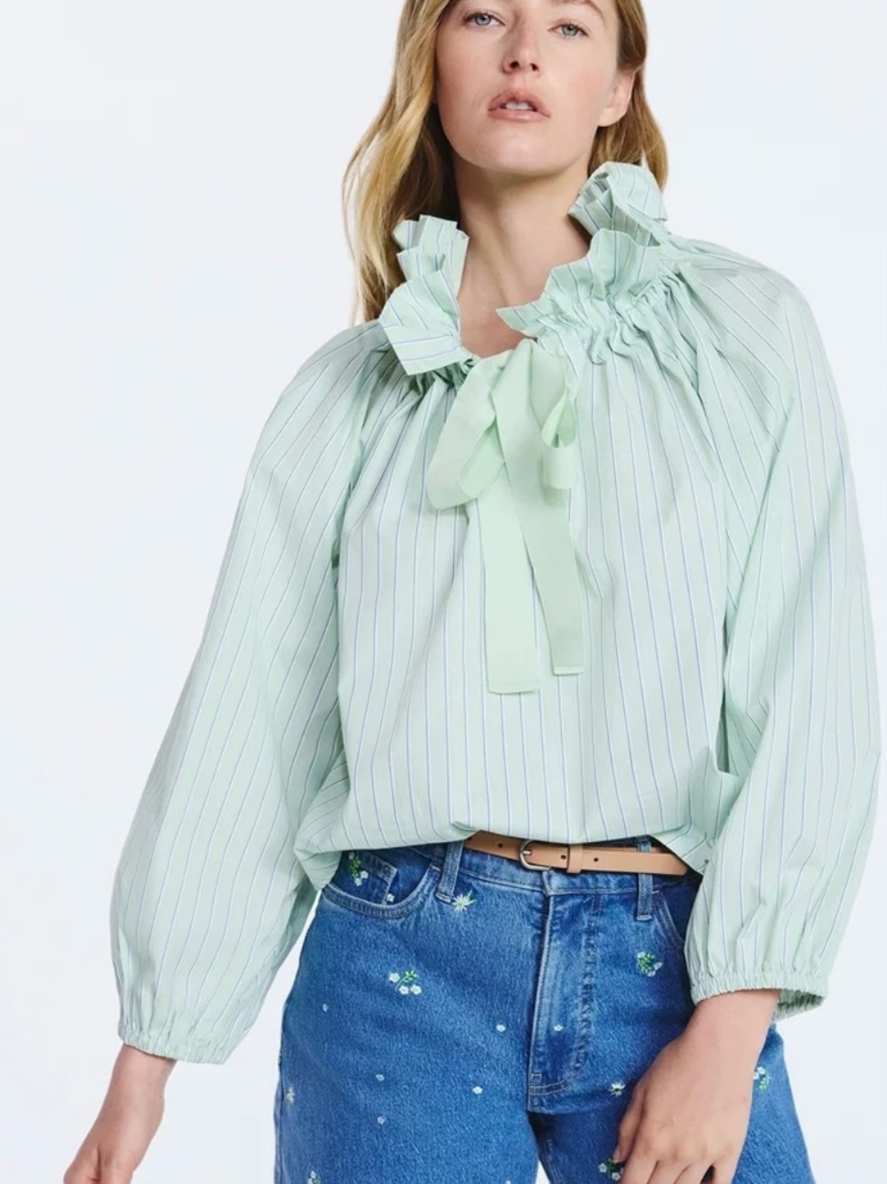NWT Free Assembly Mint Green Striped puff tie neck bow Blouse